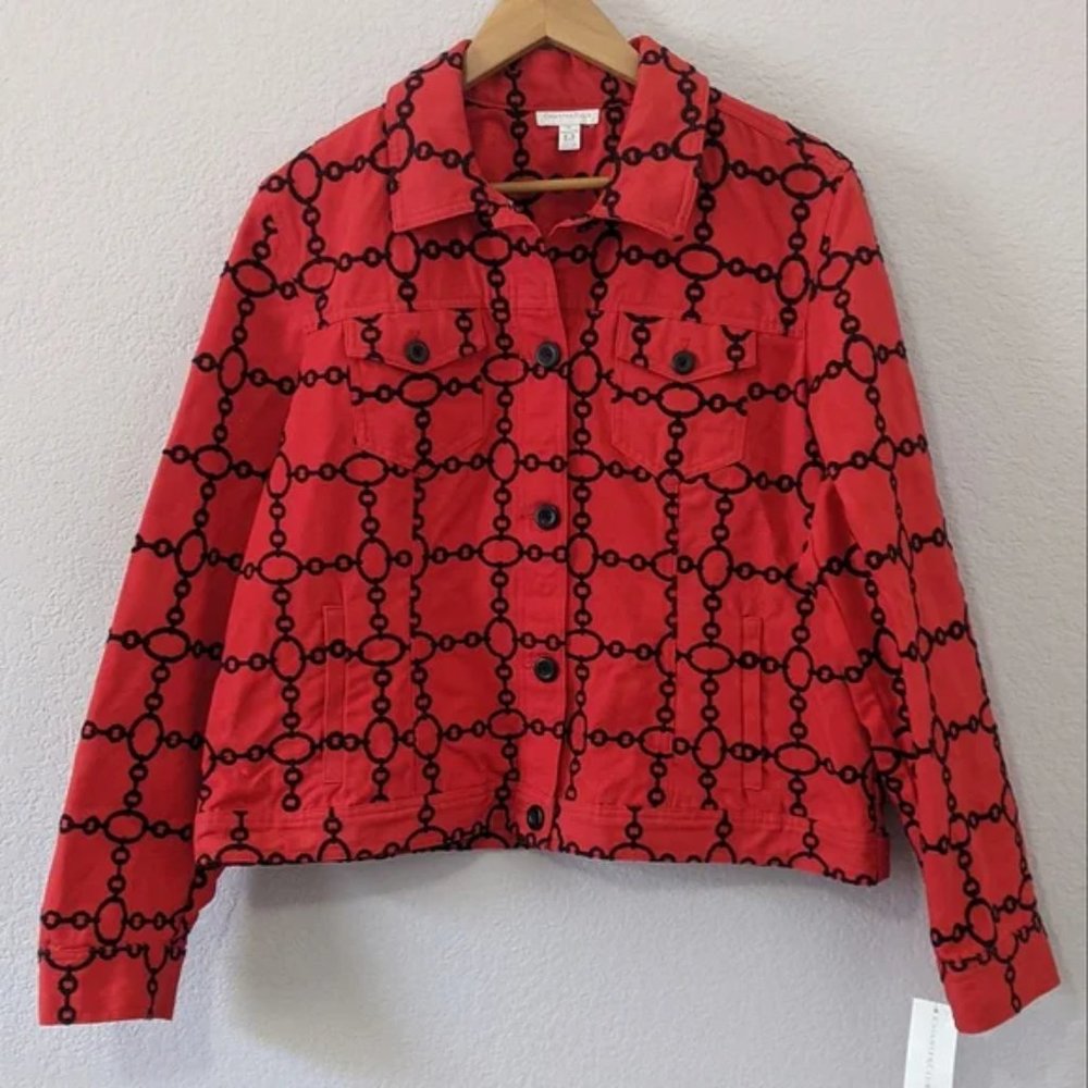 Charter Club Denim Jacket, Red / Black Chain Pattern